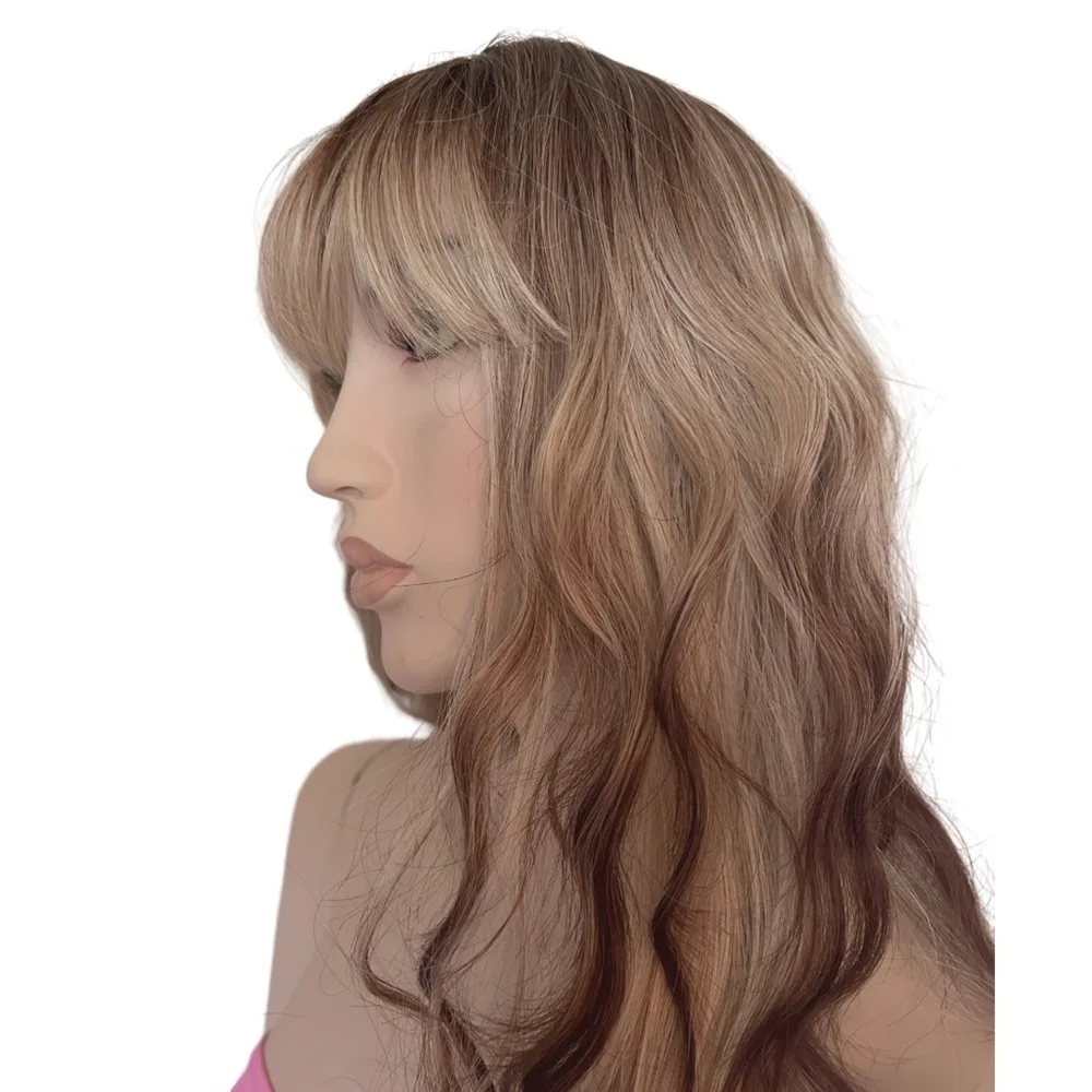 Long 26" Blonde & Brown Synthetic Wig with Bangs Streak Highlights Everyday NIP - Picture 8 of 13